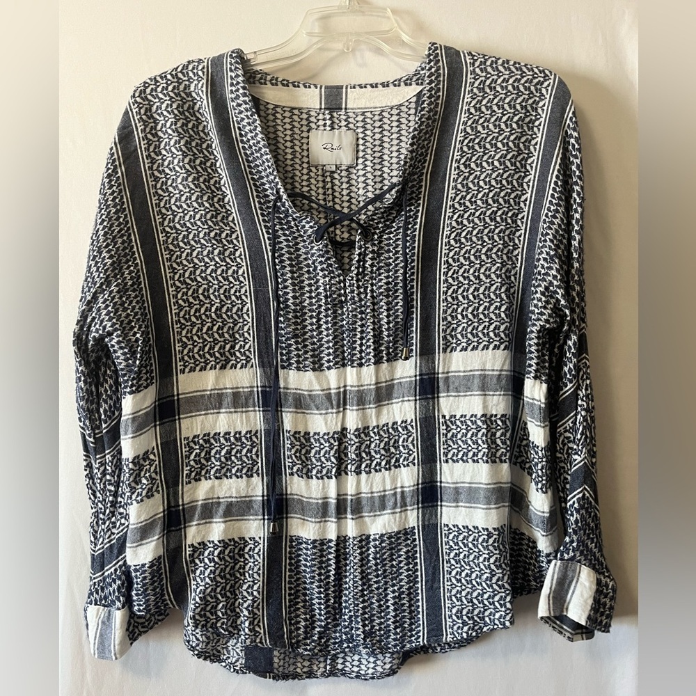 Rails Lily Sapphireβ Jacquard Lace up Long Sleeve Blue and White Top Size Large